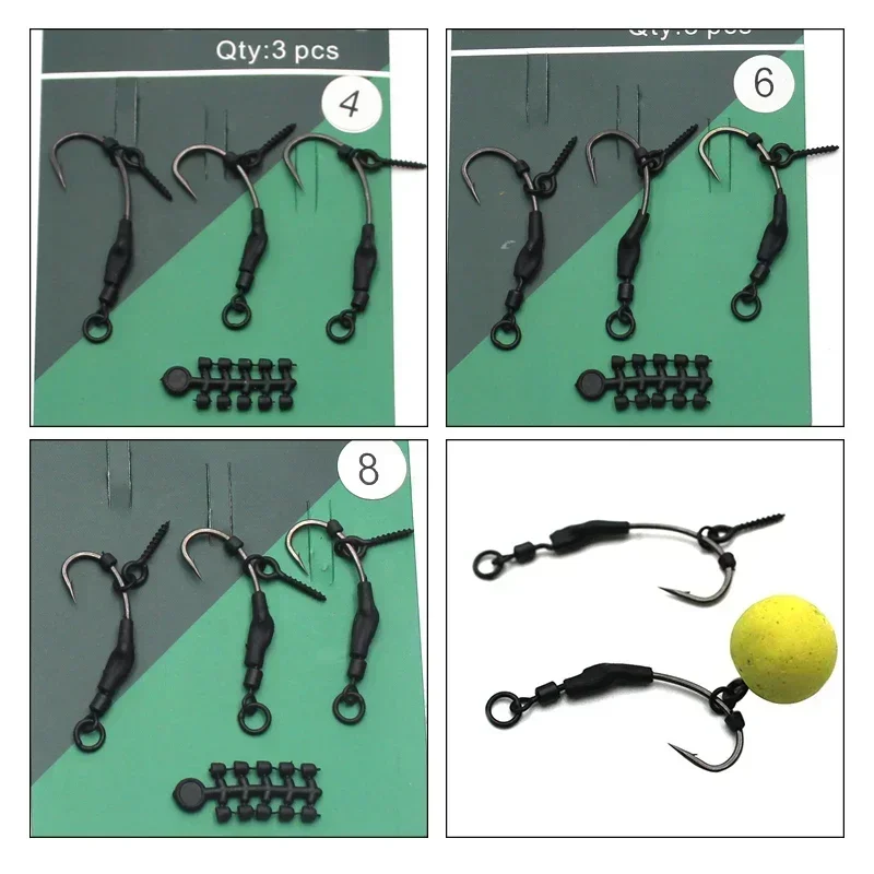 3 uds anzuelo de pesca de carpa recubierto de PTEF anzuelo de carpa con púas listo atado Spinner Ronnie Rig gancho enlaces pelo Combi Chod Rig 4 6 8 - imagen 5