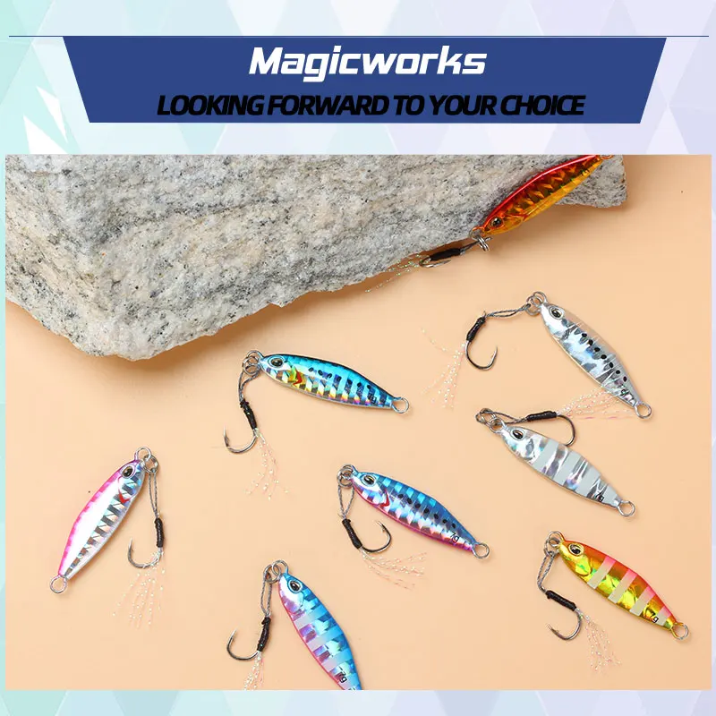 Señuelos mágicos para pesca, paquete de plantilla de Metal, 3g, 5g, 7g, 5 uds., caja de Micro plantillas, cebo Artificial, juego de señuelos, juegos de Jigging de lubina, peces falsos - imagen 5