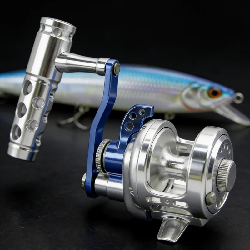 Carrete de Pesca de Velocidad Lenta, Diseño de Perilla Derecha Azul Plateado, Relación de Engranajes 4.9:1, Ligero, para Pesca en Alta Mar