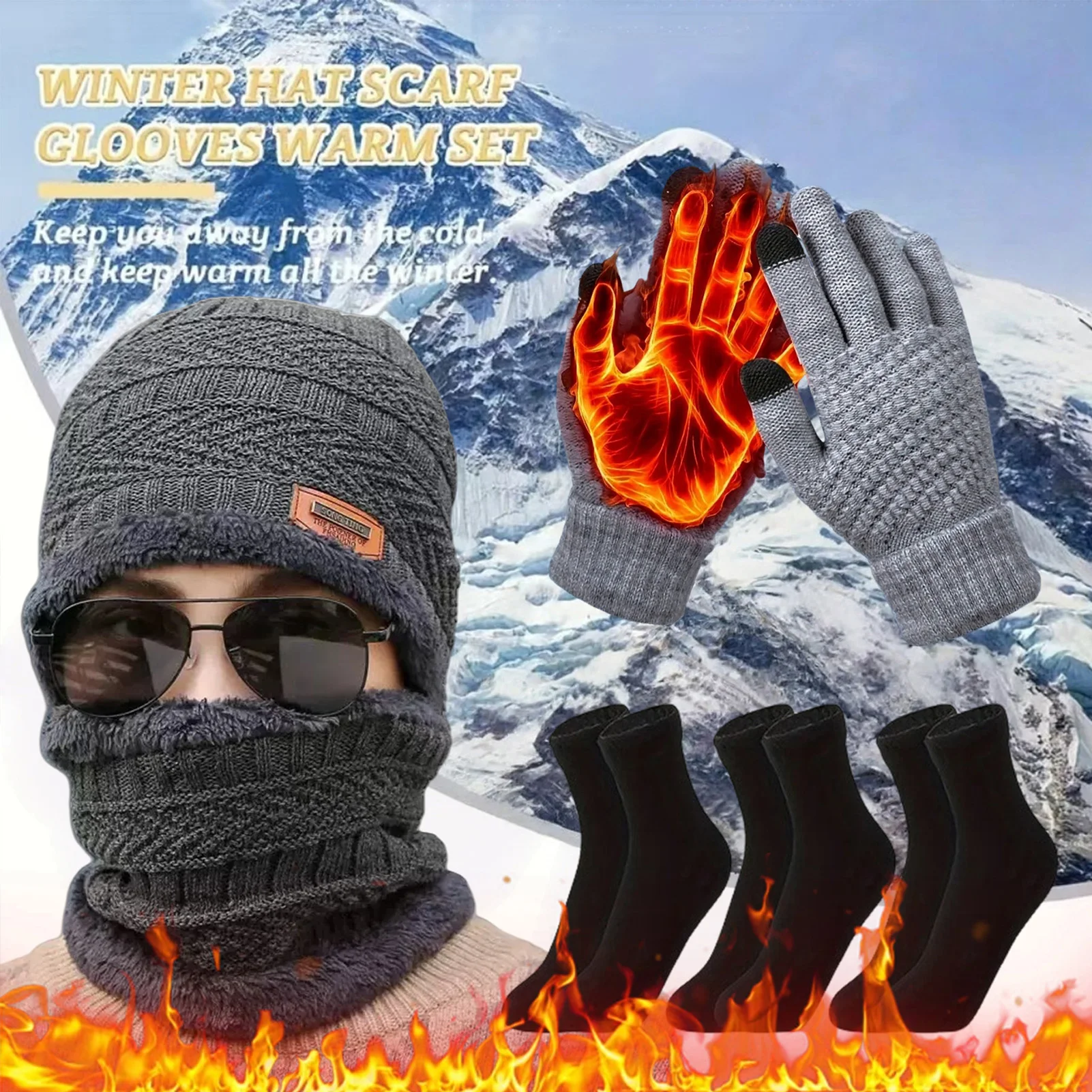 Conjunto de gorro cálido para hombre, gorro de felpa de punto grueso para exteriores, Kit de calcetines y guantes para ciclismo, Camping, pesca, esquí, accesorios deportivos - imagen 4