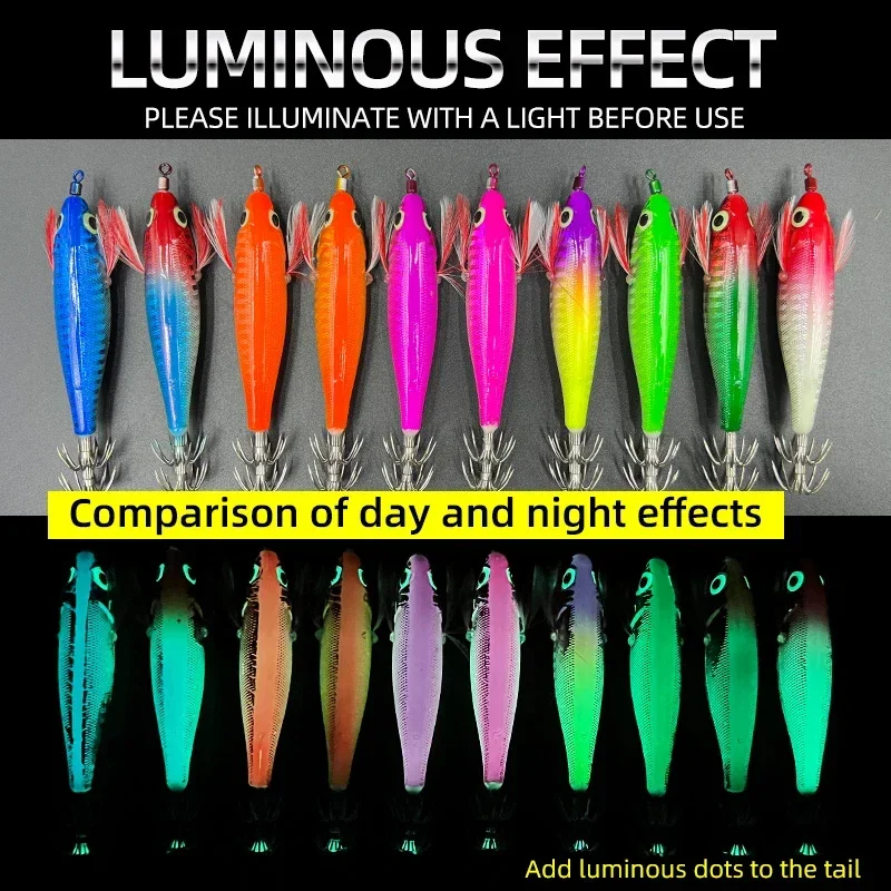 YICHU 10 colores 9g señuelo de camarones de madera que brilla en la oscuridad, anzuelo de calamar, señuelo falso, pintura en aerosol, láser en aerosol, camarones Horizontales - imagen 4