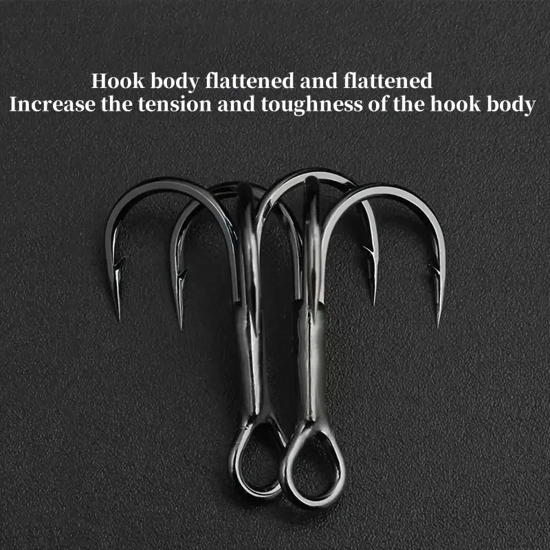 50 unids/caja de anzuelos de pesca triples afilados, anzuelos redondos con púas de acero rico en carbono y huecos anchos para señuelos/cebos, tamaños 2 # -14 # - imagen 4