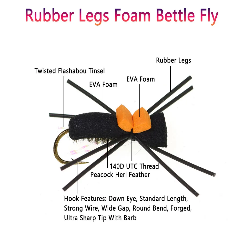 Bimoo 8 piezas # 10 patas de goma espuma escarabajo mosca Artificial patrón terrestre mosca seca flotante para trucha lubina Bluegill Señuelos de pesca - imagen 2