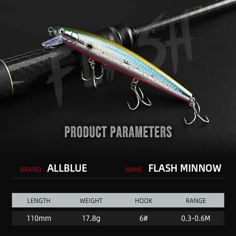 ALLBLUE-señuelo de pesca FlashMinnow 110, 110mm, 17,8g, Jerkbait brillante, Wobbler, suspensión lenta, pececillo, cebo de plástico, aparejos de Lucio - imagen 2