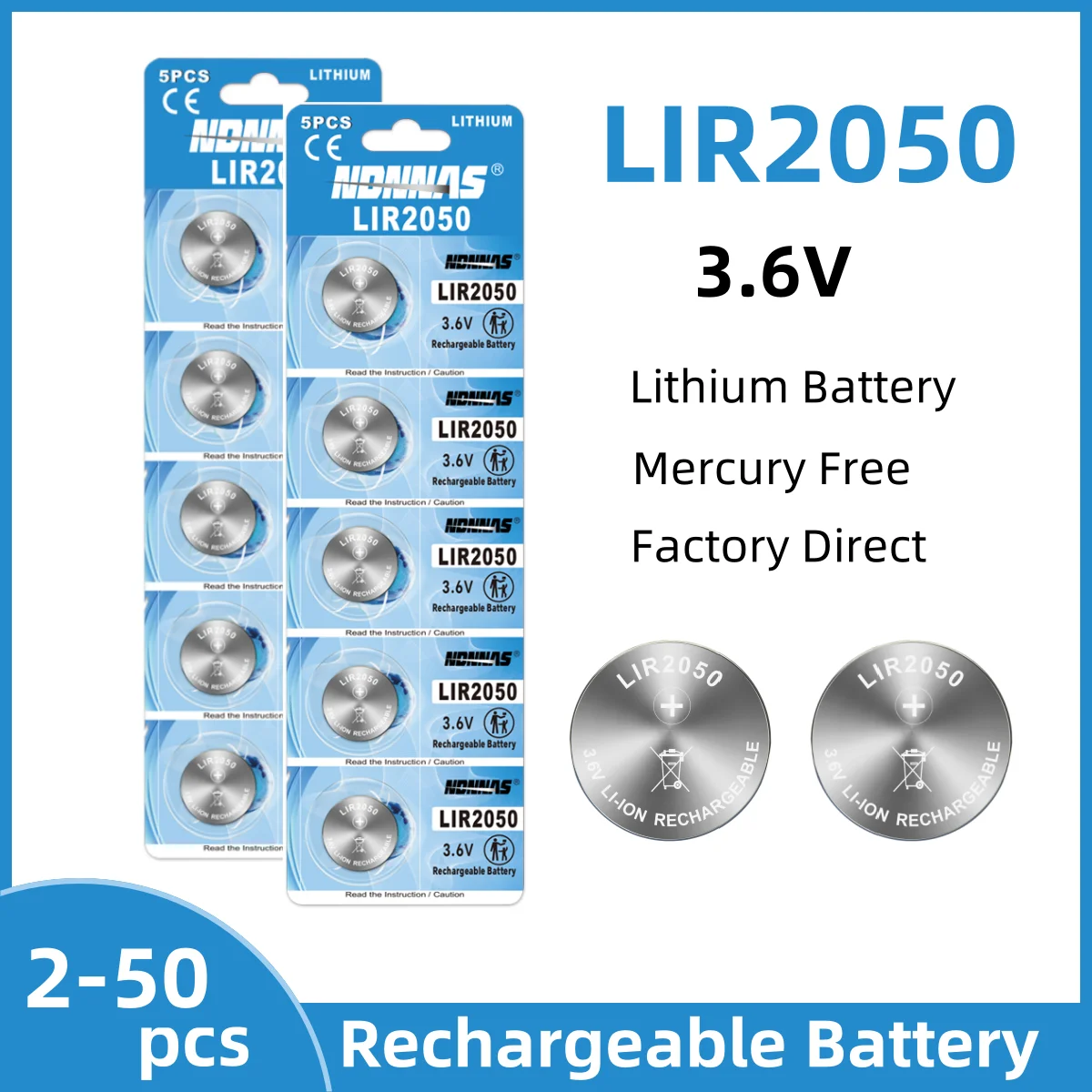 Batería Botón Recargable LIR2050 3,6V – Reemplazo CR2050