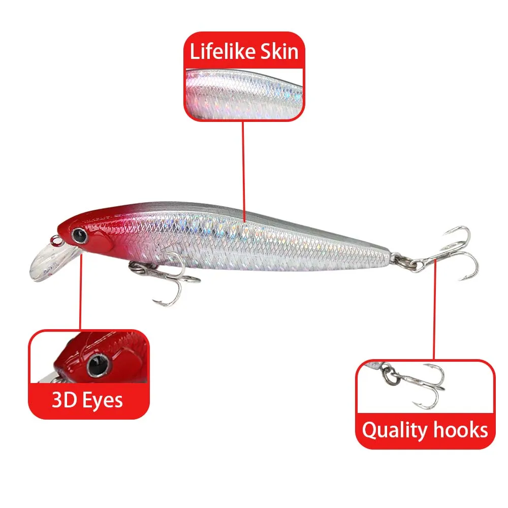 JSFUN 5 unids/caja señuelo de pesca Minnow de cola larga cebo duro flotante Wobbler Artificial Crankbait 3D ojo carpa perca aparejos de pesca - imagen 3