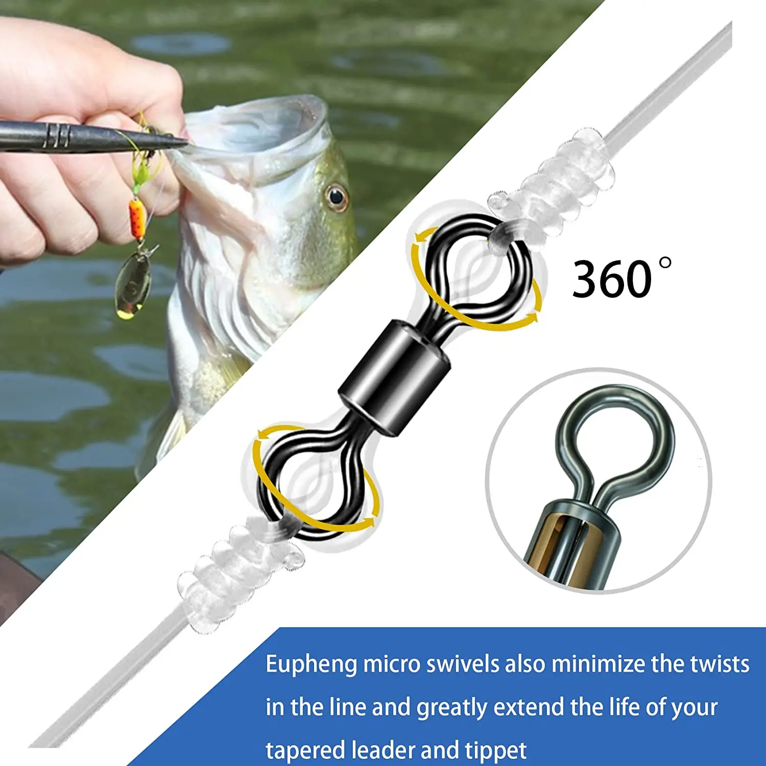 Eupheng 50 piezas giratorios de pesca # 10- # 14 10LB-30LB Rodamiento de bolas Cuerpo de cobre Accesorios de pesca de carpa de acero inoxidable - imagen 4