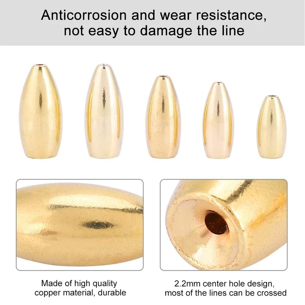 Pesas de pesas de cobre para pesca al aire libre, superficie lisa duradera, reduce la resistencia, 5 tamaños para aparejos de pesca de aguas profundas, 21 unids/lote por caja - imagen 5
