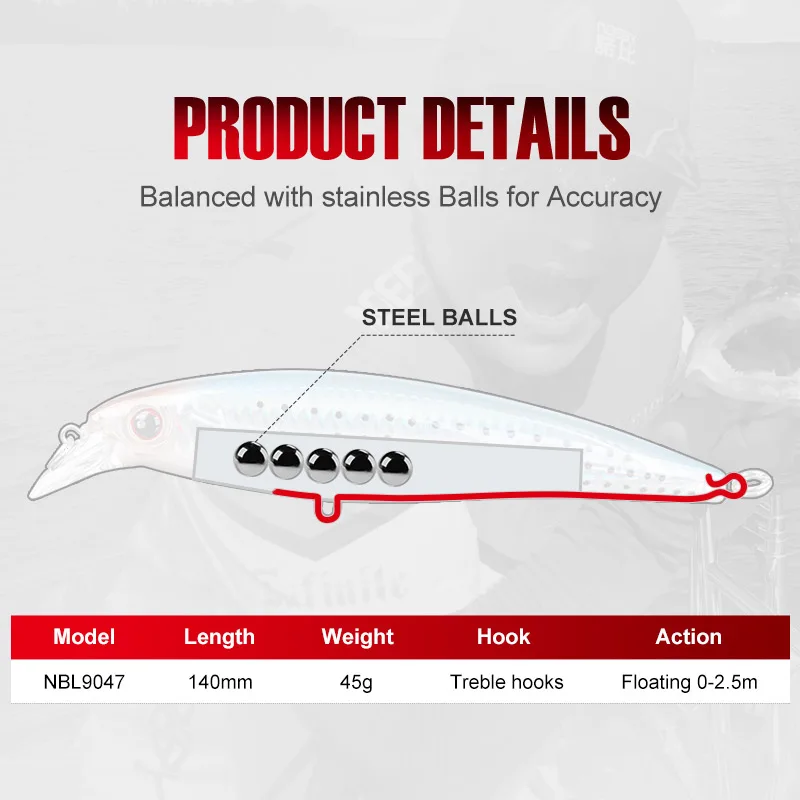 NOEBY-señuelo de pesca de pececillo de fundición larga, 140mm, 39g, cebo duro Artificial flotante para aparejos de pesca de agua dulce de mar - imagen 3