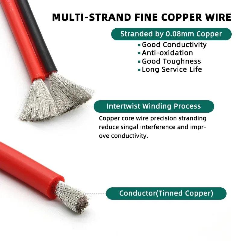 Cable de goma de silicona suave de cobre, conector LED de 2 pines, línea Flexible, bricolaje, 30, 28, 26, 24, 22, 20, 18, 16, 14, 12, 10, 8 AWG - imagen 2