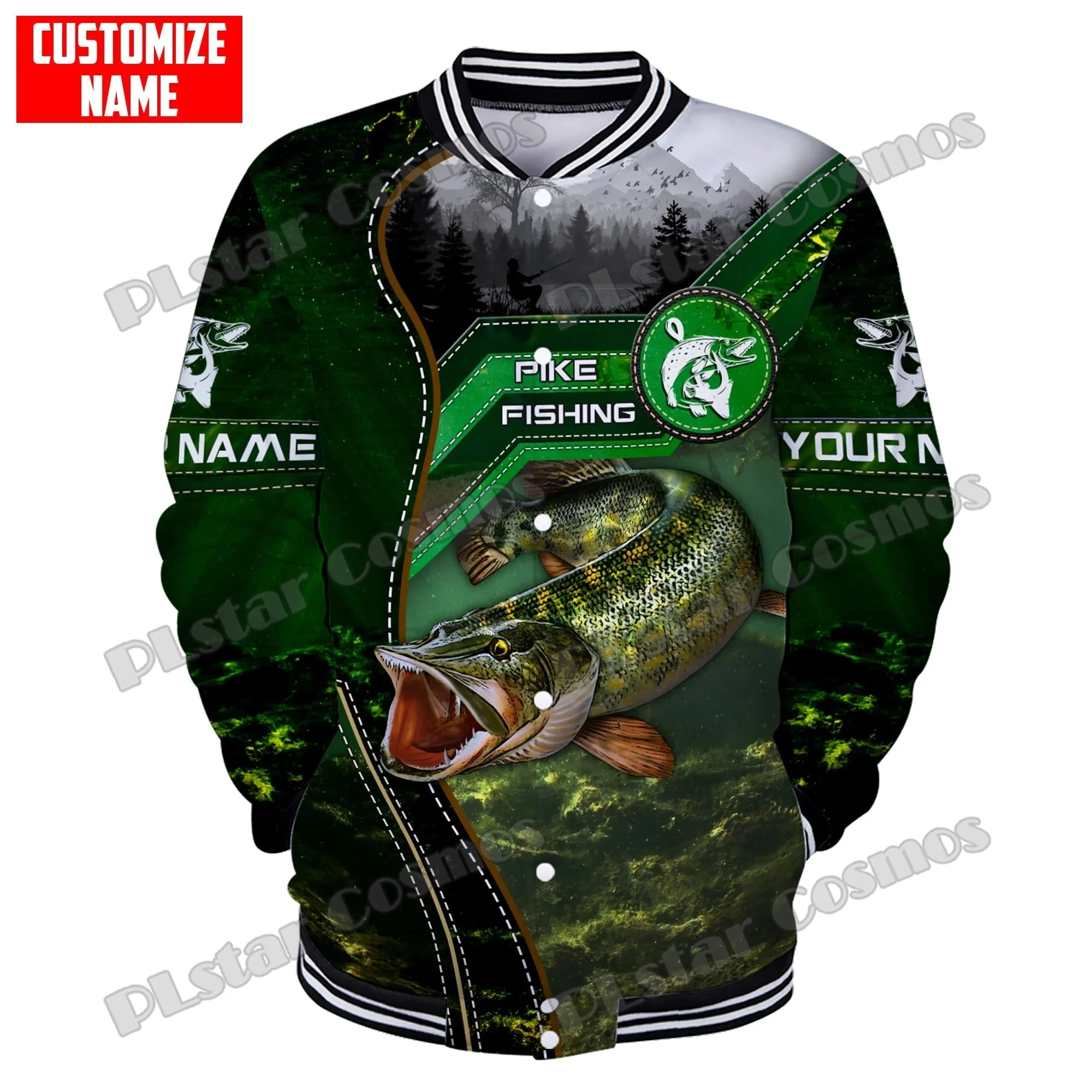 Chaqueta Bomber de pesca de lubina a rayas con nombre personalizado impreso en 3D para hombre, chaqueta de béisbol cálida informal Unisex para invierno FX19 - imagen 5