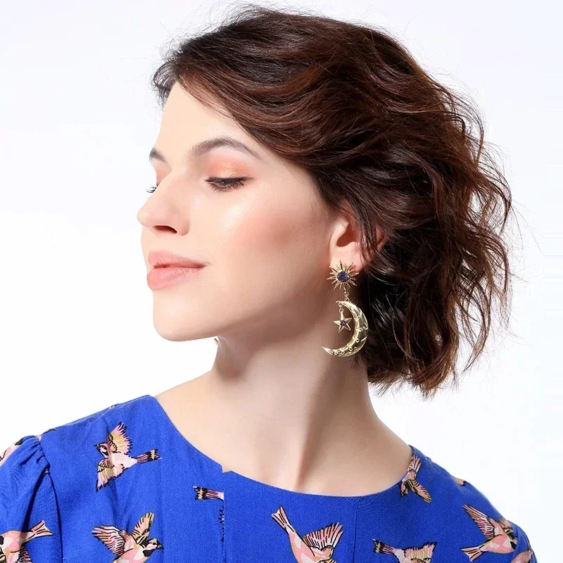 Nueva moda sol estrella Luna gota pendientes mujeres púrpura circón cúbico danza Bohemia hecho a mano cristal Luna estrella gota cuelga pendiente - imagen 5