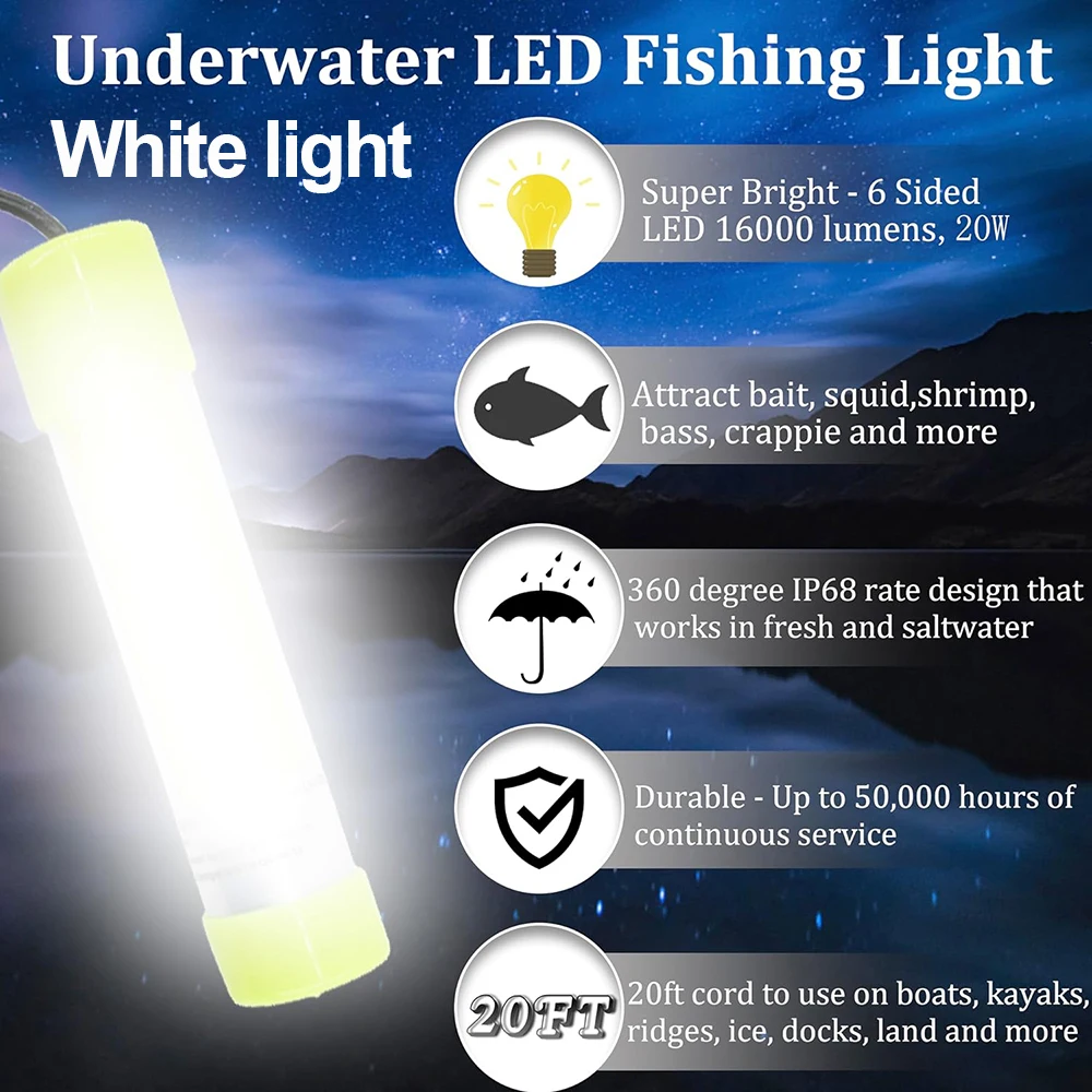 Luz de pesca submarina de 20W DC12-24V superbrillante 16000 lúmenes buscador de señuelos luz de caída profunda buscador de cebo de peces lámpara de pesca - imagen 4