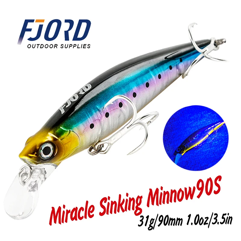 FJORD 90mm 31g Laser Miracle Sinking Black Minnow Hard Triple Hook Seawater Saltwater SwimBait Artificial Pesca Fishing Lure