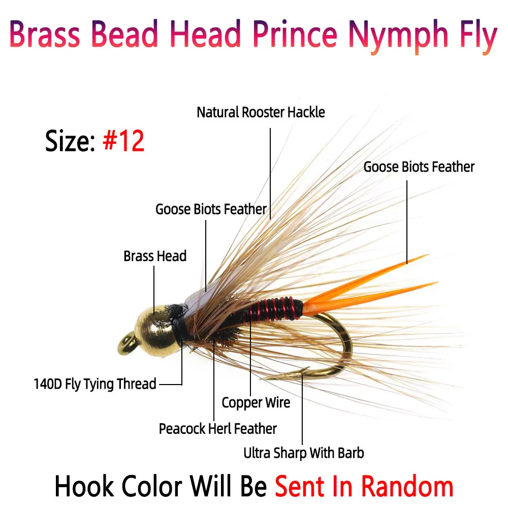Bimoo-Señuelos de Pesca de latón, cabeza de perla de Príncipe, Nymph, gallo, Hackle, hundimiento rápido, Mosca de Ninfa, trucha, perca, Señuelos de Pesca, 5 unids/lote por caja, 12 # - imagen 3