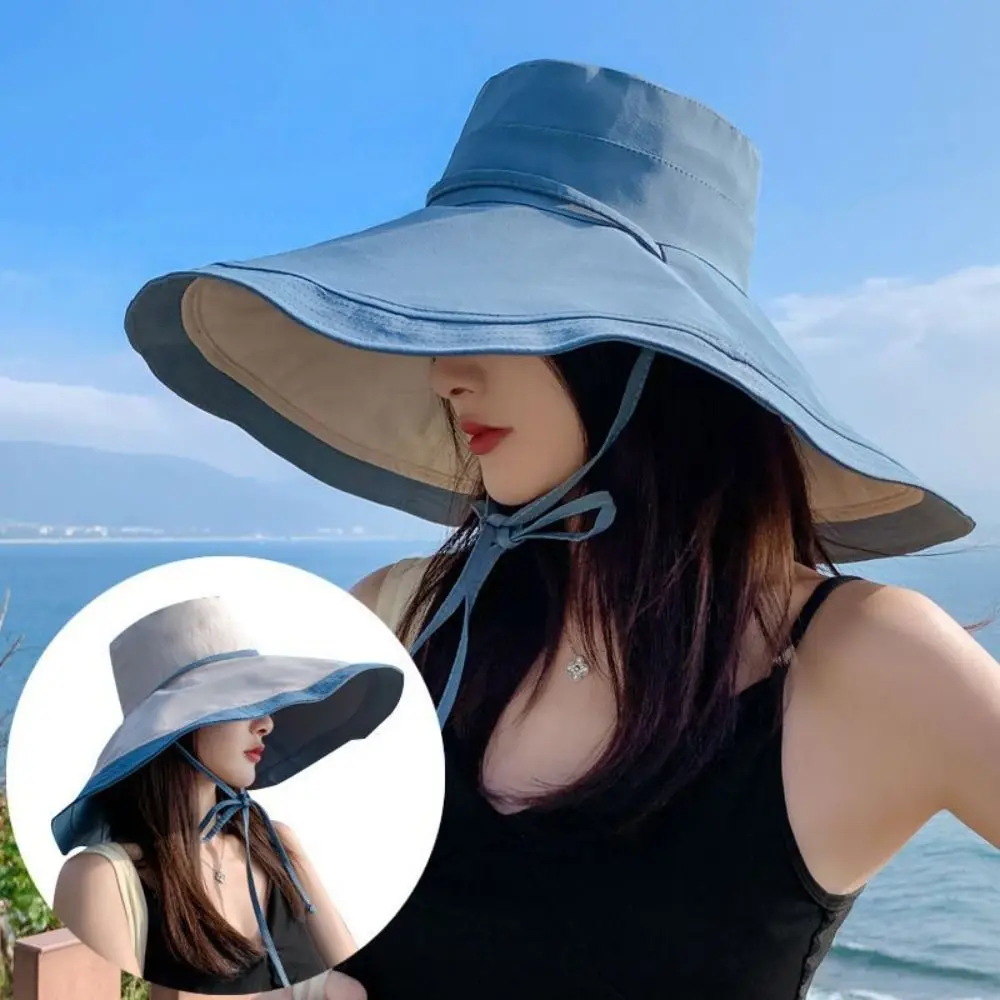 Sombrero de pescador informal de doble cara para mujer, sombrero de sol plegable antiultravioleta de ala ancha, sombrero de protección solar ajustable para viajes al aire libre - imagen 3