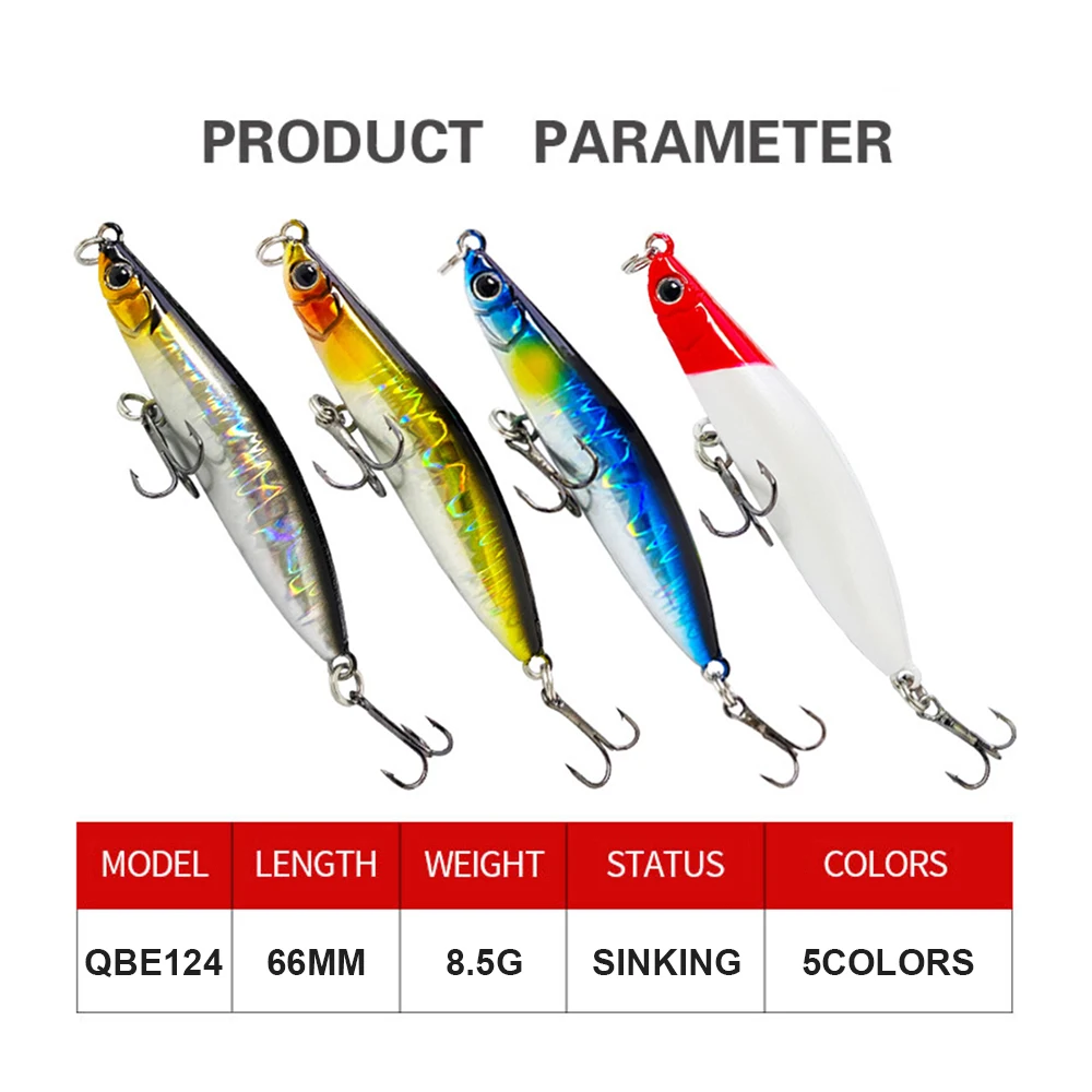 Señuelos de Pesca de 6,6 cm y 8,5g, cebo de lápiz que se hunde, Wobbler de fundición larga, cebo duro Artificial, Jerkbait, trucha, lubina, carpa, QBE124 - imagen 4