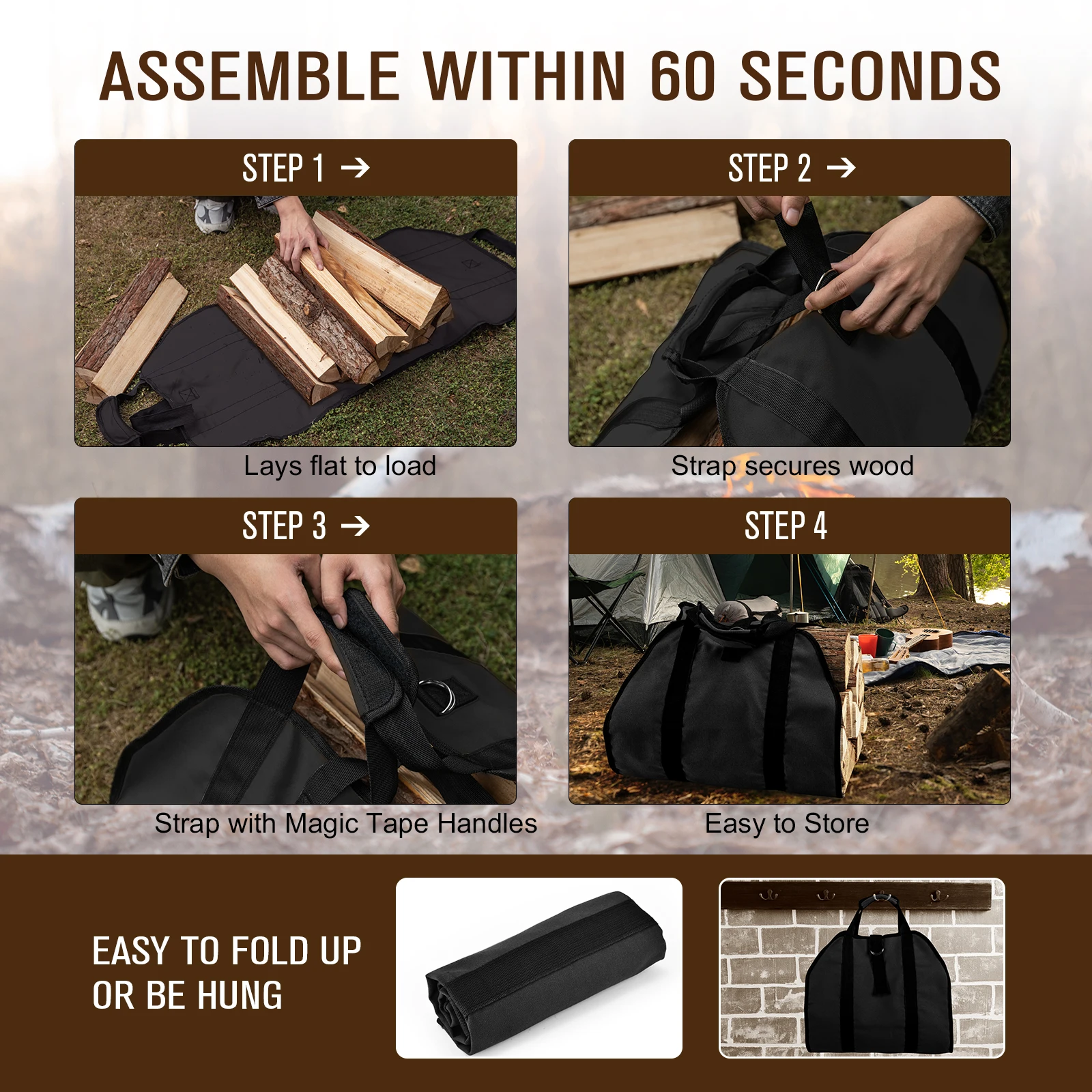 Bolsa para leña Goture, bolsa para leña de 99x48 cm con asas, soporte para leña de lona resistente de 12A para estufa de leña, interior y exterior - imagen 5