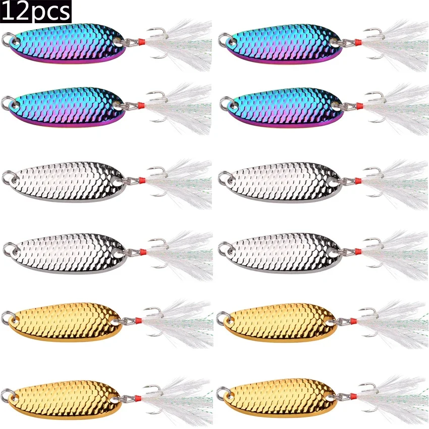 Juego de Señuelos de Pesca de trucha de Metal, 12 piezas, cebo duro, lentejuelas de ruido, cebo Artificial - imagen 3
