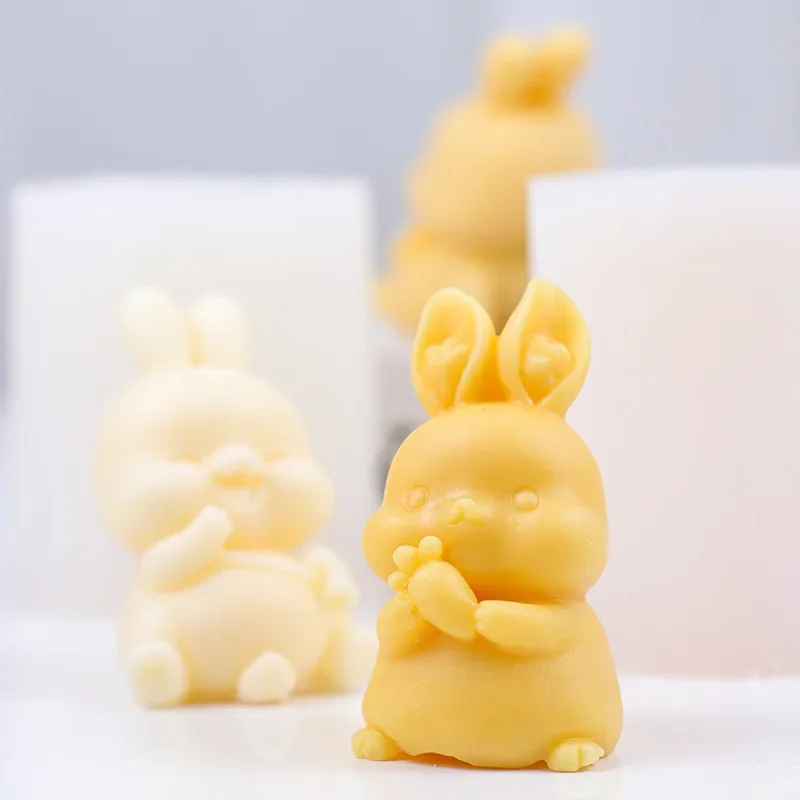 Molde de vela de silicona con conejo pequeño de rábano de dibujos animados, pintura de conejito feliz de zanahoria, molde de yeso, decoración de pastel de Chocolate de Pascua, regalo de fiesta - imagen 2