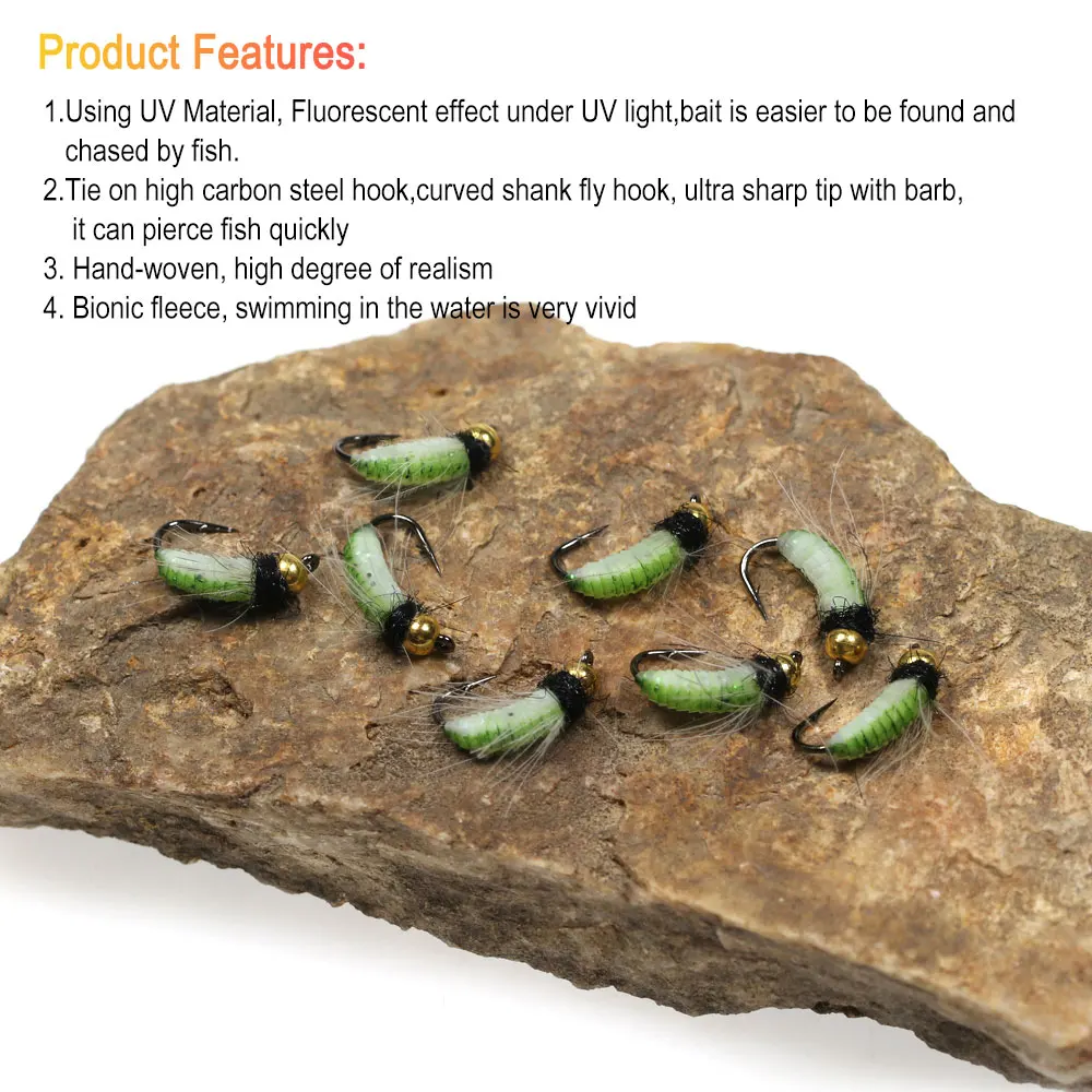 ICERIO-cebo de pesca de trucha, 24 unids/caja de latón Beadhead UV Caddi, ninfa, Scud, Mosca, pluma, CDC, hundimiento rápido - imagen 5