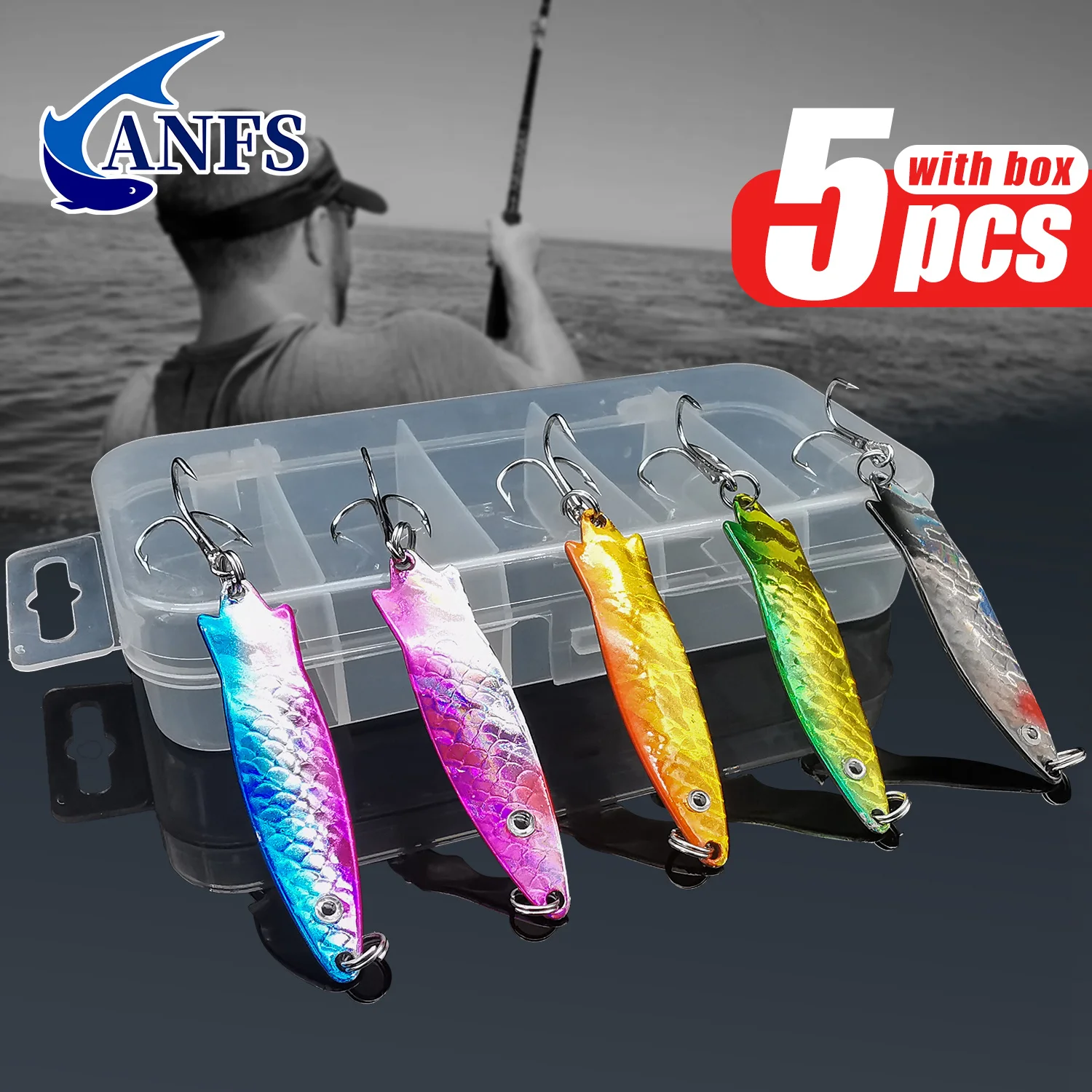 ANFS-kit de señuelos de pesca de metal, 5 uds., cebos artificiales excepcionales con caja de señuelos para agua dulce y salada