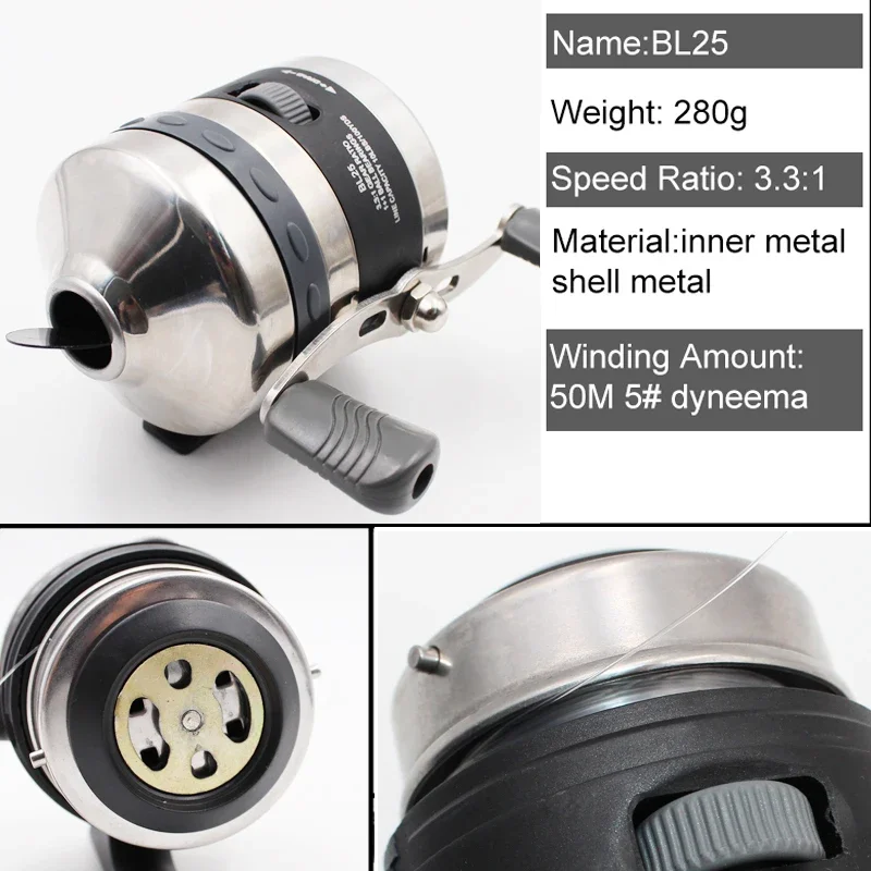 Carretes de pesca BL25, rueda de Metal de acero inoxidable, rueda de pesca cerrada, carrete de pescado giratorio para tirachinas, tiro de peces con dardo - imagen 3