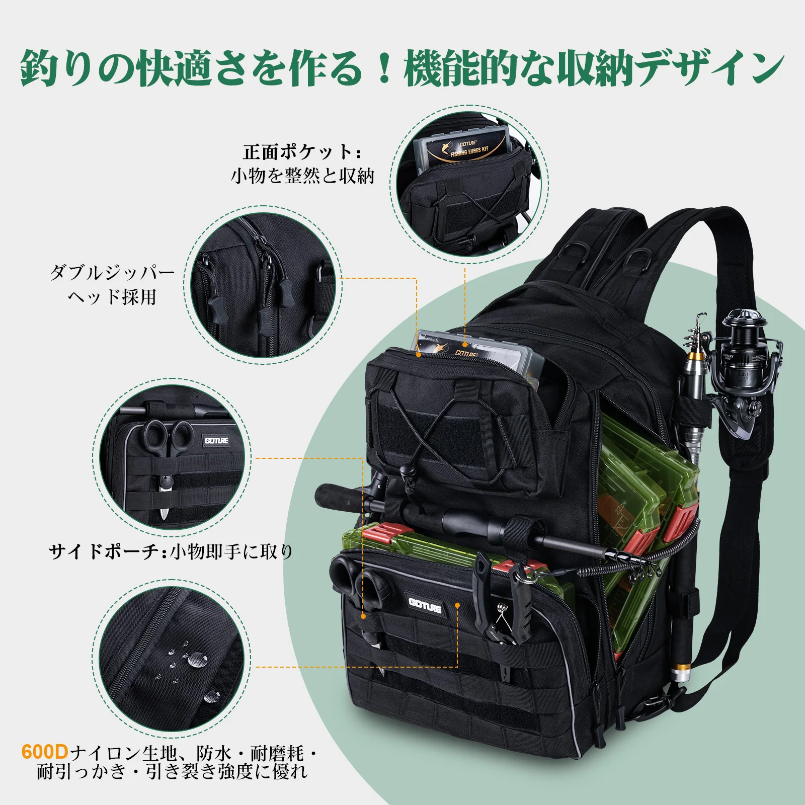 Goture-mochila de equipo de pesca de gran capacidad, diseño multibolsillo impermeable con caña de pescar y juego de carretes, equipo multifuncional - imagen 2