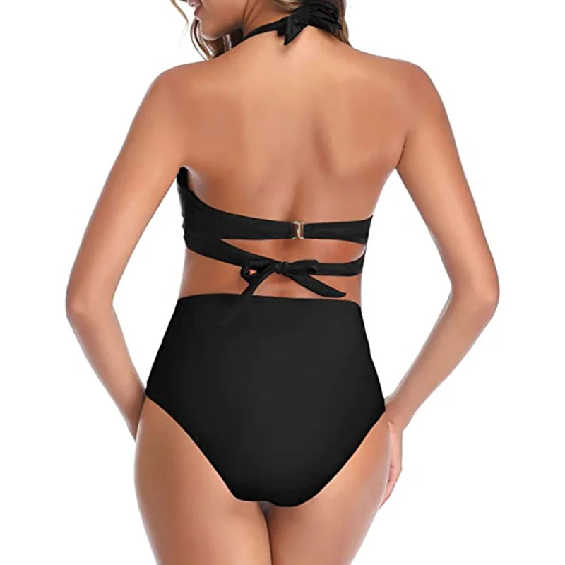 Bañador Vintage de dos piezas para mujer, traje de baño Retro con cuello Halter fruncido, Bikini de cintura alta con tirantes y lazo, traje de baño con Push-Up (S-XXL) - imagen 2