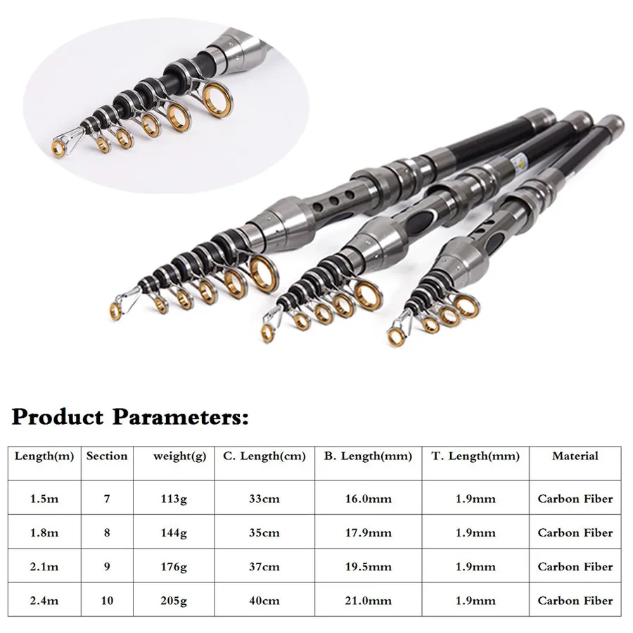 Caña de pescar telescópica de carbono, caña de pescar giratoria de 1,5 m, 1,8 m, 2,1 m y 2,4 m - imagen 2