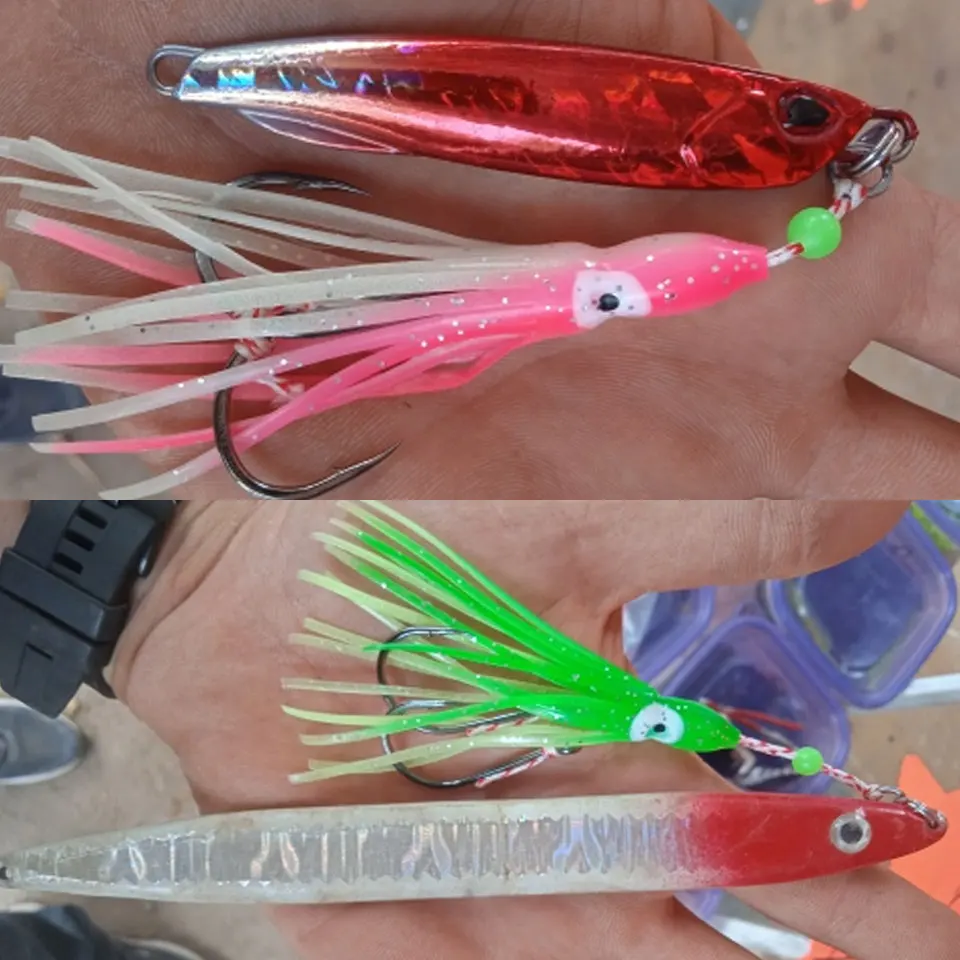 TEASER HK015 10 Uds gancho de acero rico en carbono doble asistencia pargo faldas de calamar de silicona cabeza de plantilla de Metal anzuelo de pesca de paso lento - imagen 5