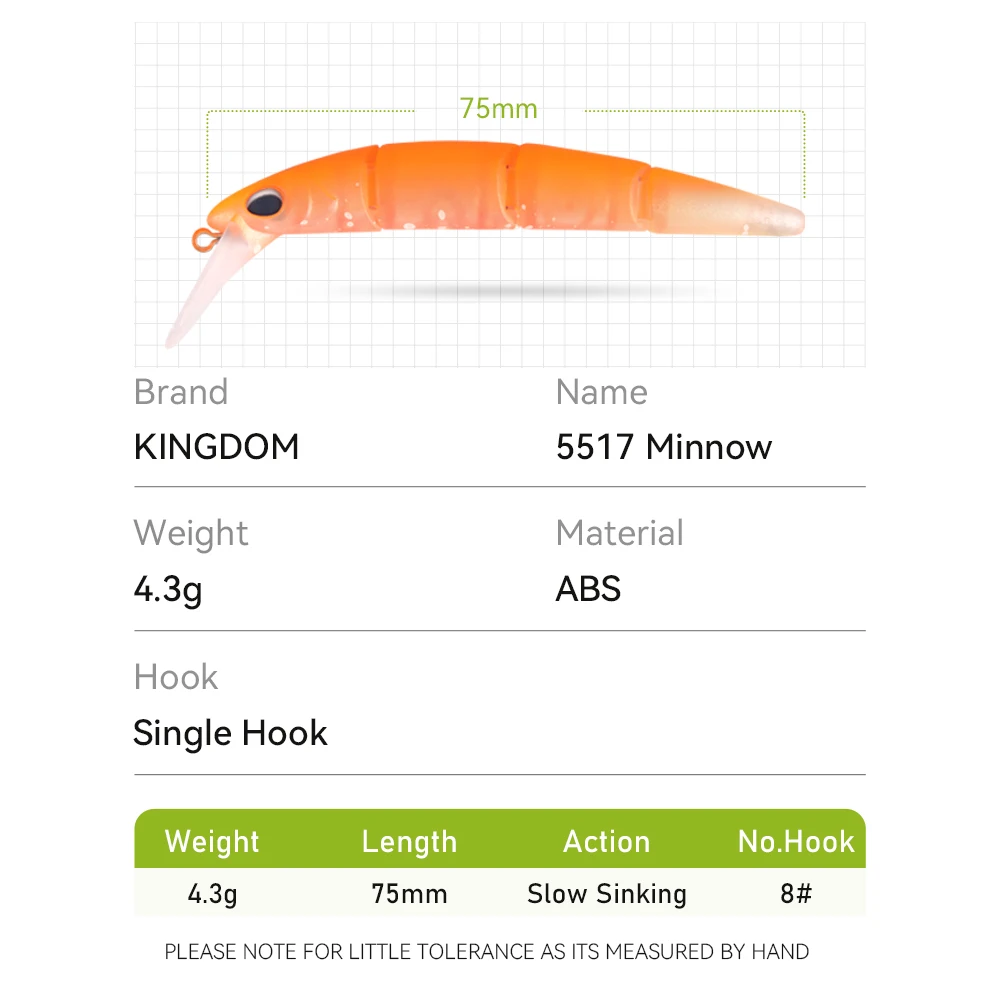 Señuelo de pececillo articulado Kingdom, 70mm, 4,3g, hundimiento, 4 secciones, cebo Artificial duro Wobbers para pesca de trucha y lubina de agua dulce - imagen 3