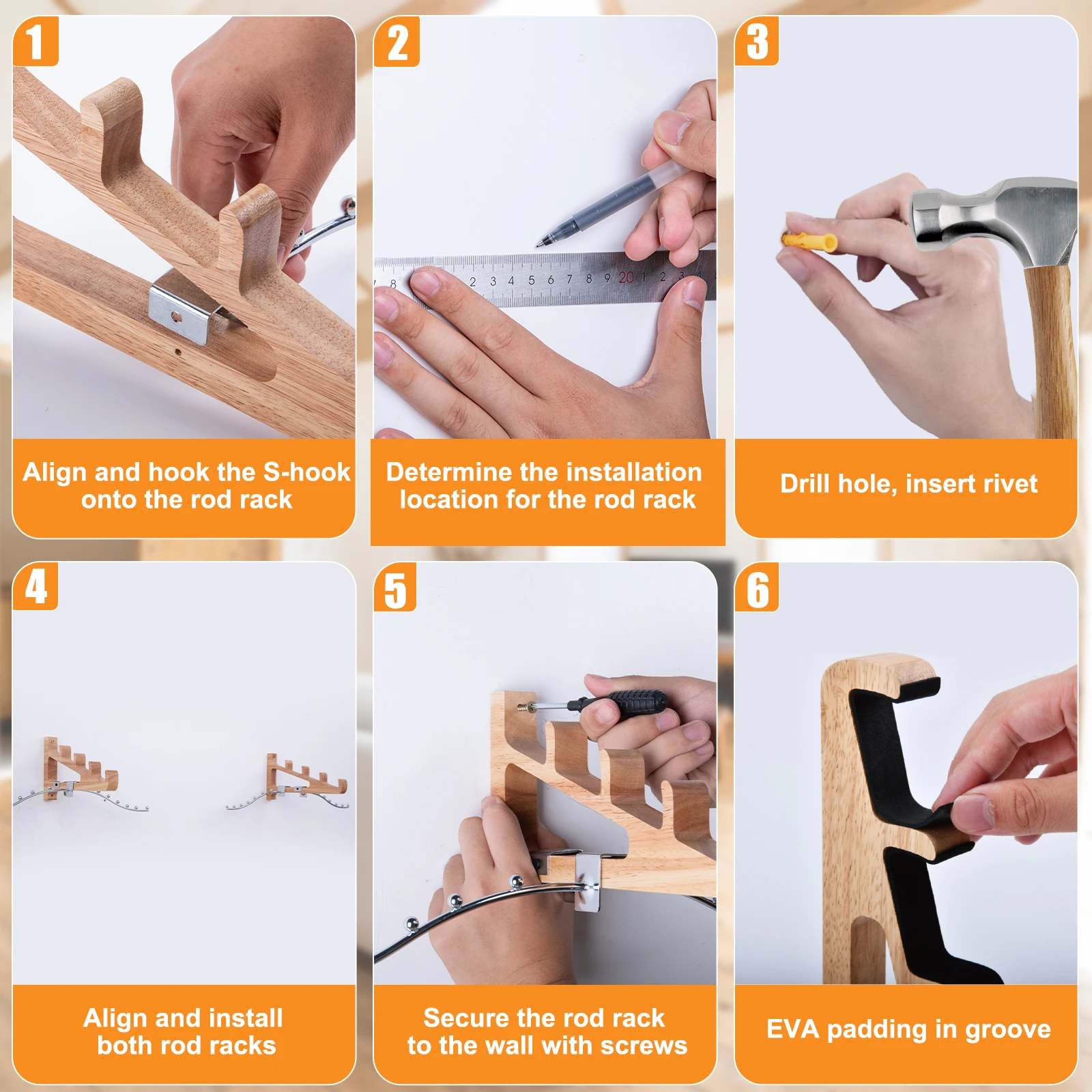 Goture Organizador de caña de pescar montado en la pared, estante de madera maciza con ganchos en S, montaje fácil que ahorra espacio, exhibición de almacenamiento de caña de pescar - imagen 5