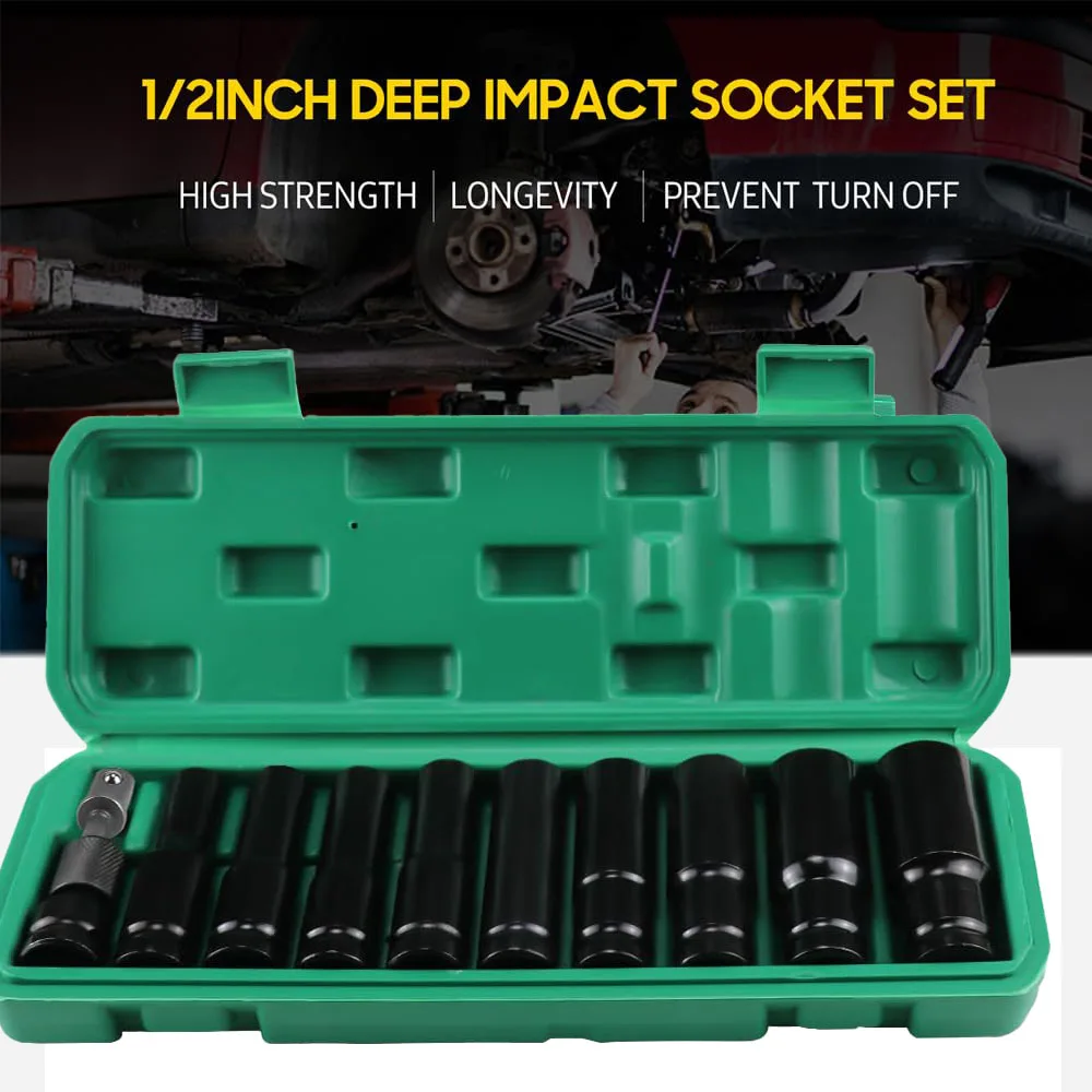 Juego de enchufes de impacto profundo métrico de accionamiento de 11 Uds., 10MM - 24MM, juego de herramientas de enchufe de llave eléctrica, juego de enchufes hexagonales de 6 puntos con caja - imagen 2