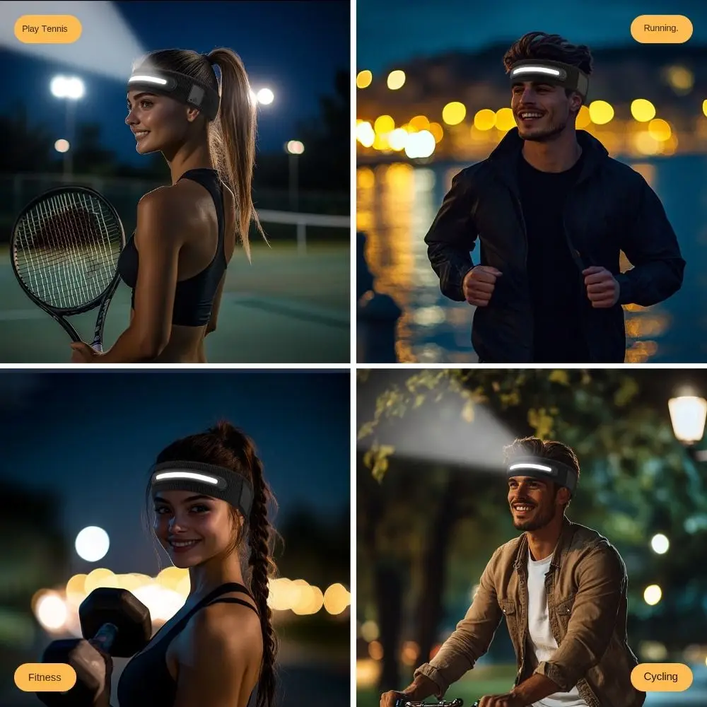 Diadema con luz LED USB Unisex, gorro elástico de algodón deportivo con luz para la cabeza, tela, 3 modos de luz, gorro luminoso para correr, correr de noche - imagen 4