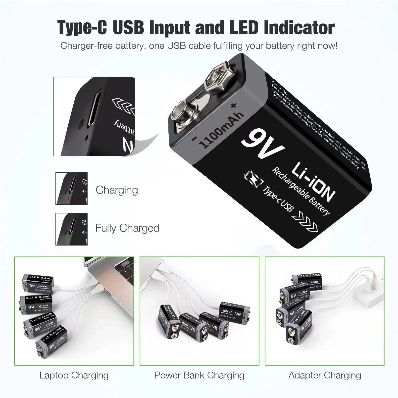Batería 9V Recargable USB Tipo-C 6F22 para Electrónicos - imagen 4