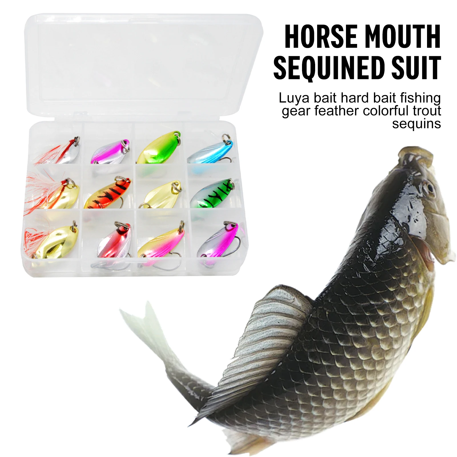Señuelos de pesca en caja, cebo falso giratorio portátil, pluma Artificial, purpurina, accesorios de pesca en hielo para invierno, 12 Uds. - imagen 3
