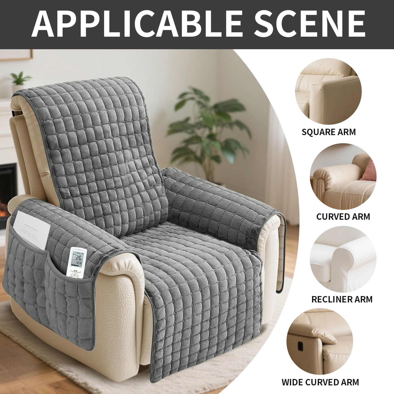 Recliner Sofa Cover Flannel Plush Chair Covers Armchair Slipcovers with Pockets Relax Non Slip Couch Slipcovers Sofa Protector - imagen 2