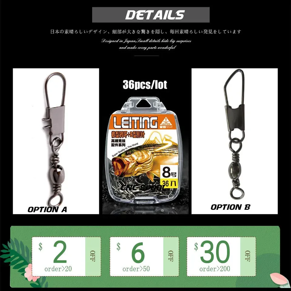 Juego de accesorios de aparejos de pesca giratorios a presión de barril de acero inoxidable para carpa, pesca en el mar, 24-36 piezas, lote - imagen 3