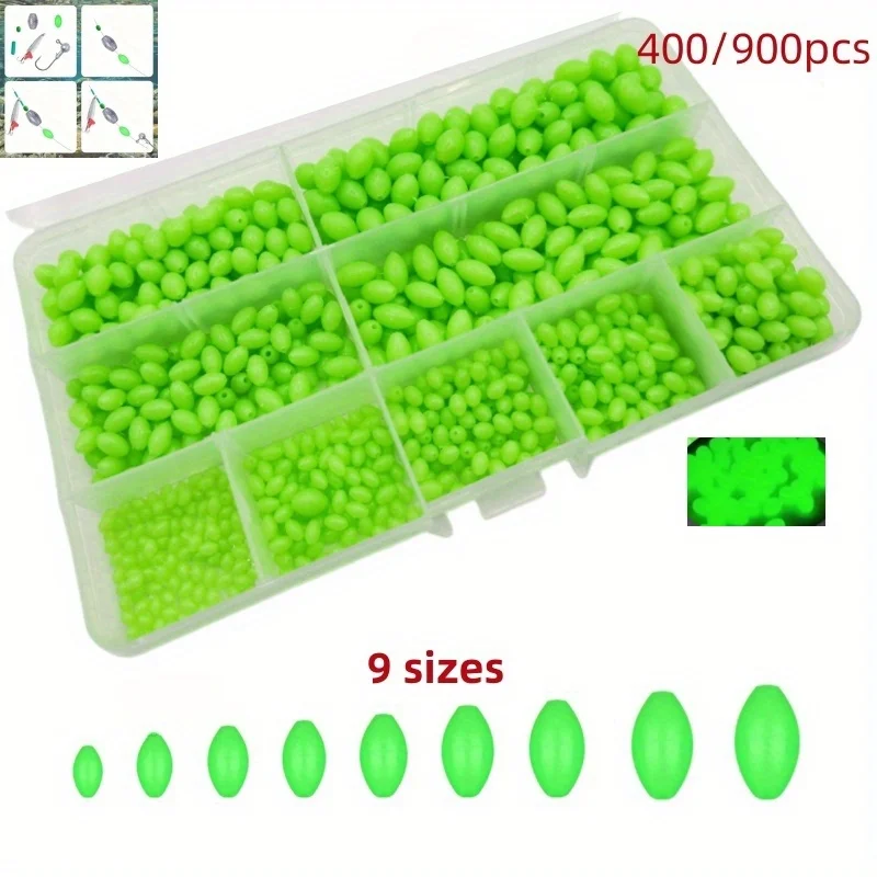 400/900 piezas cebo cuentas de oliva luz nocturna fluorescente juego de cuentas de cebo de plástico con cuentas anticolisión y cuentas protectoras