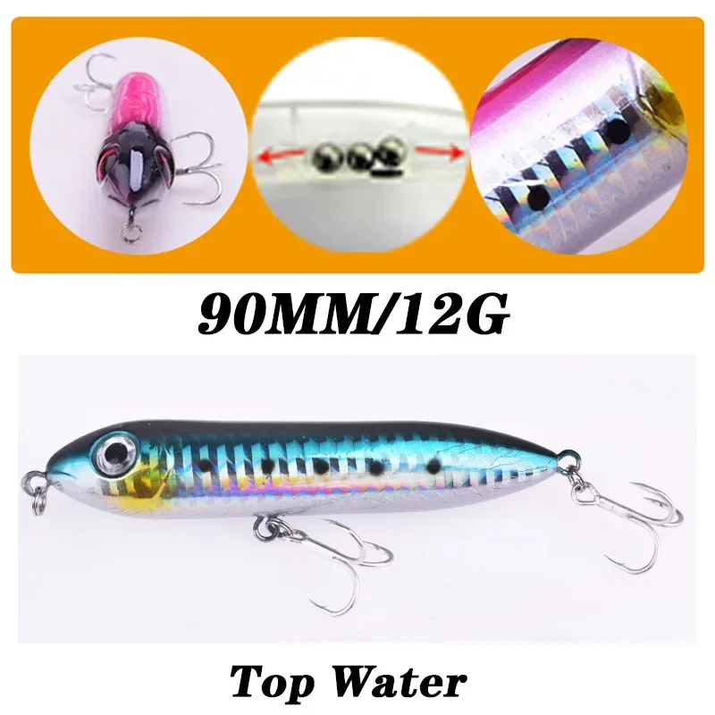 Señuelo de pesca con lápiz Topwater, 9cm, 12g, Wobblers de curricán, cebo Artificial de plástico con ganchos para lubina, bagre, aparejos de pesca, 1 ud. - imagen 5