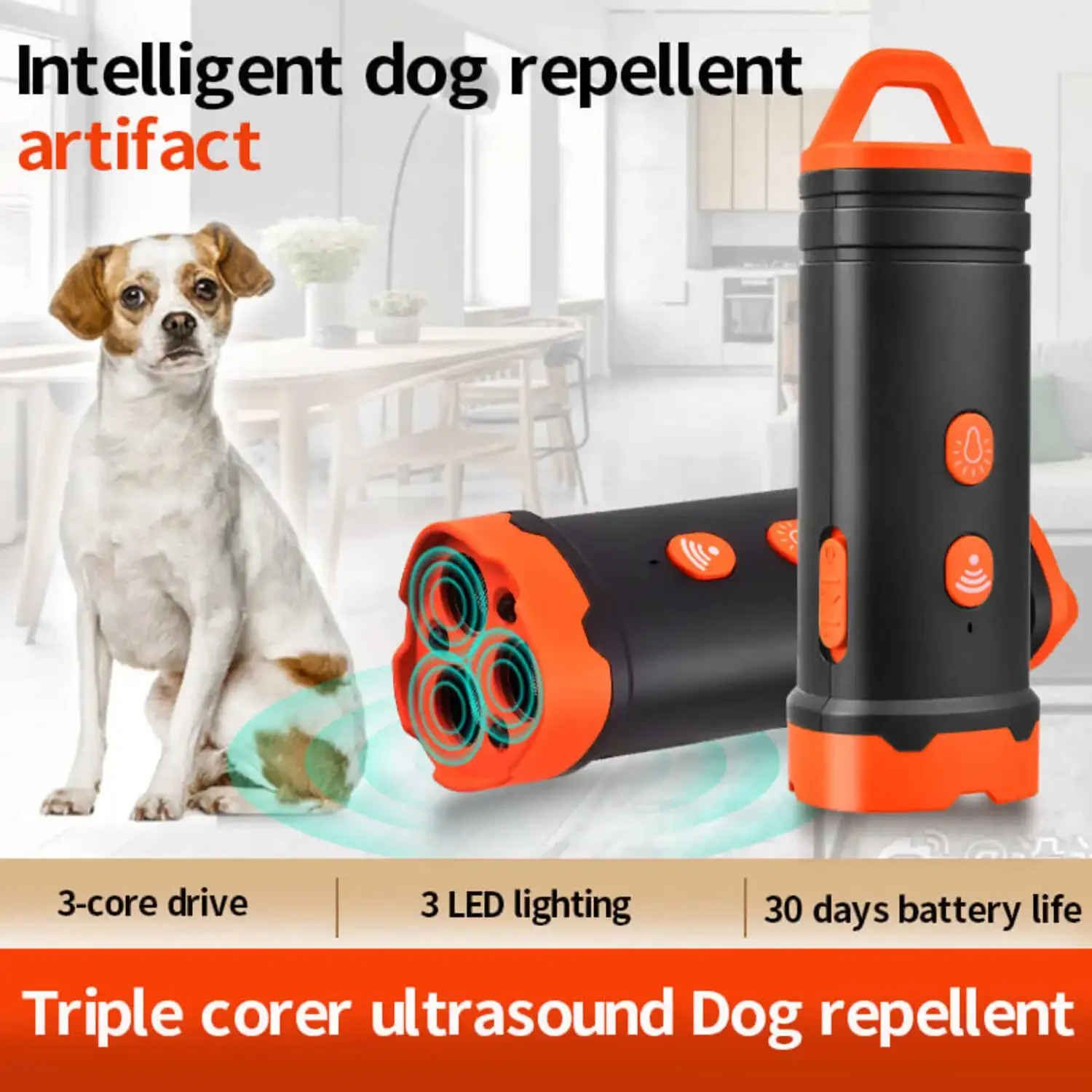 Repelente ultrasónico para perros con luz LED, entrenador ultrasónico portátil de alta potencia de tres núcleos, repelente de perros grandes y viciosos - imagen 4