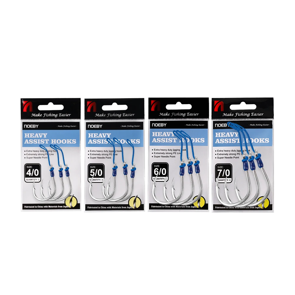 Noeby-ganchos de aparejo de asistencia de Jigging de alta resistencia, 3 uds., gancho de eje grueso de estaño brillante, 4/0, 5/0, 6/0, 7/0, fuerza máxima, 149kg, ganchos de plantilla de Metal - imagen 5