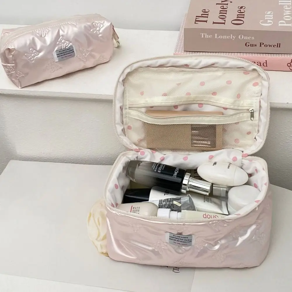 Bolsa de cosméticos de Material PU, compartimento de almacenamiento, decoración de lazo, bolsa de aseo, bolso de maquillaje con cremallera multifunción, almacenamiento de maquillaje - imagen 4