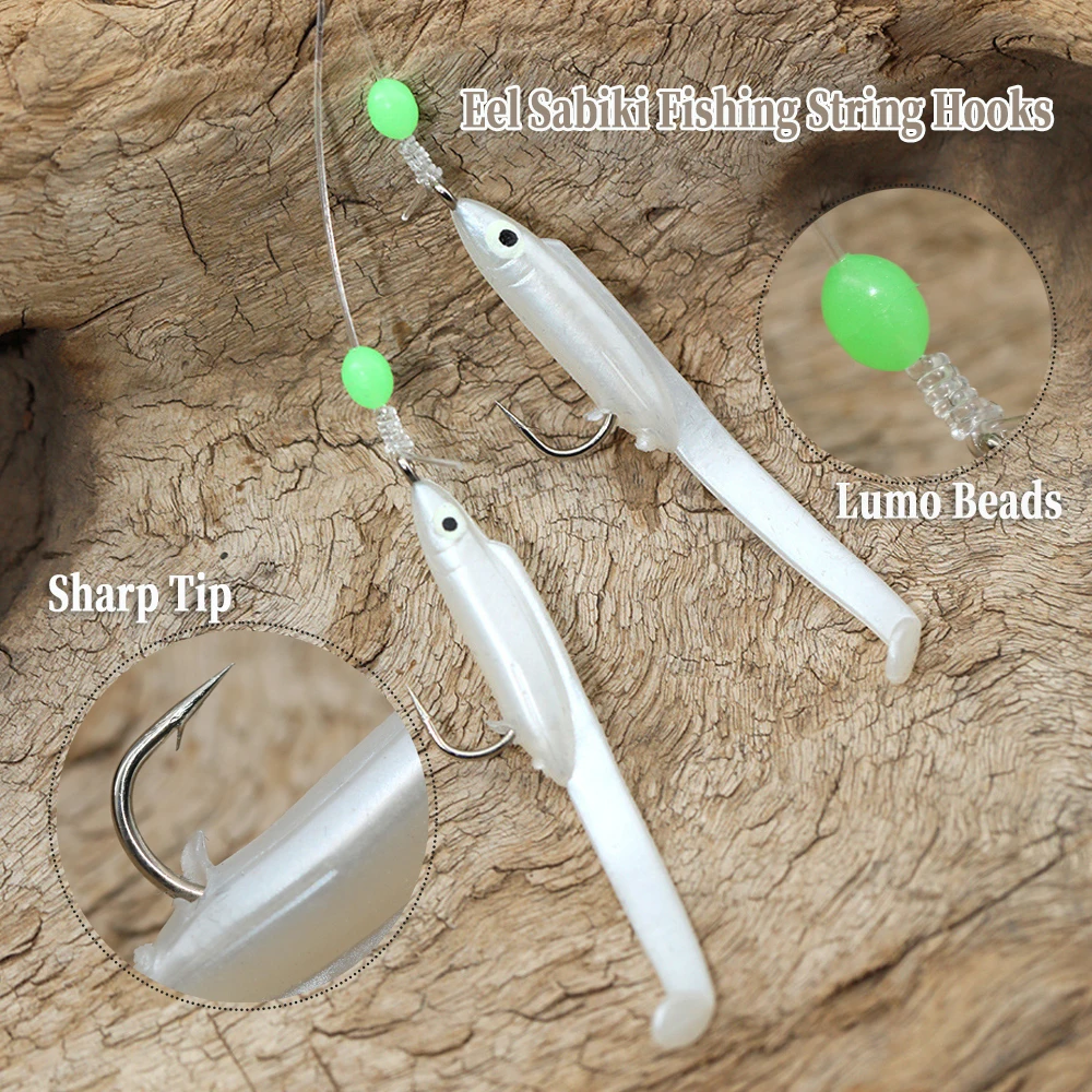 Cebos blandos para pesca en agua salada, cebos Sabiki de Anguila con peces pequeños blancos, cuerda de Camarón, aparejos Sabiki, 1/0 #, 5 unidades por lote - imagen 5