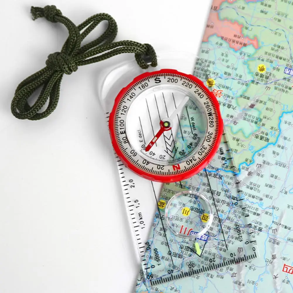Brújula de orientación con cordón Esfera giratoria de 360 grados Brújula con pantalla luminosa Lupa Mapa Escala Brújula para acampar - imagen 2