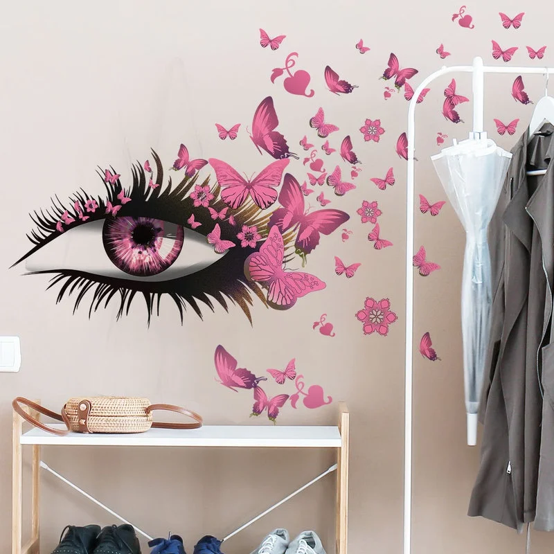Pegatina de pared creativa con ojos de niña hermosa, calcomanías de pared de mariposa voladora, pestañas largas para niña, decoración de dormitorio para parejas y amantes - imagen 2