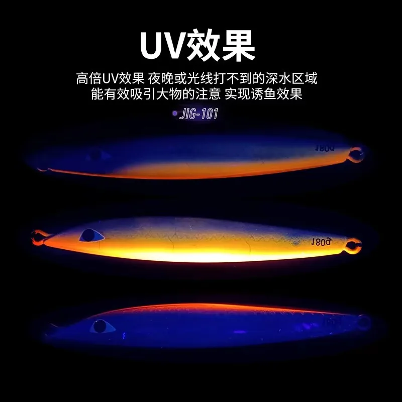 J101 120g 150g 180g señuelo de pesca de Jigging lento agua salada Trolling pesca de Metal Jigbait brillo UV láser Skining con gancho - imagen 3