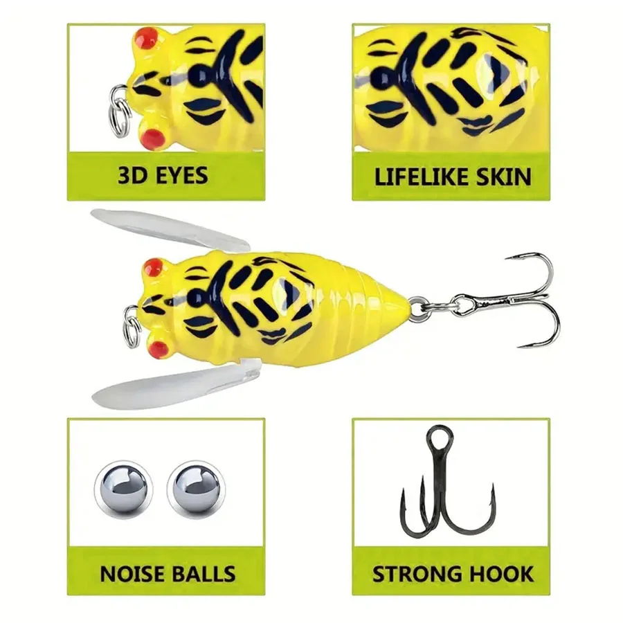 Señuelo de pesca de 5 piezas Cicada Crankbait, ojos holográficos 3D, cebo duro biomimético en forma de cigarra, cebo duro, equipo de pesca, cebos artificiales - imagen 5