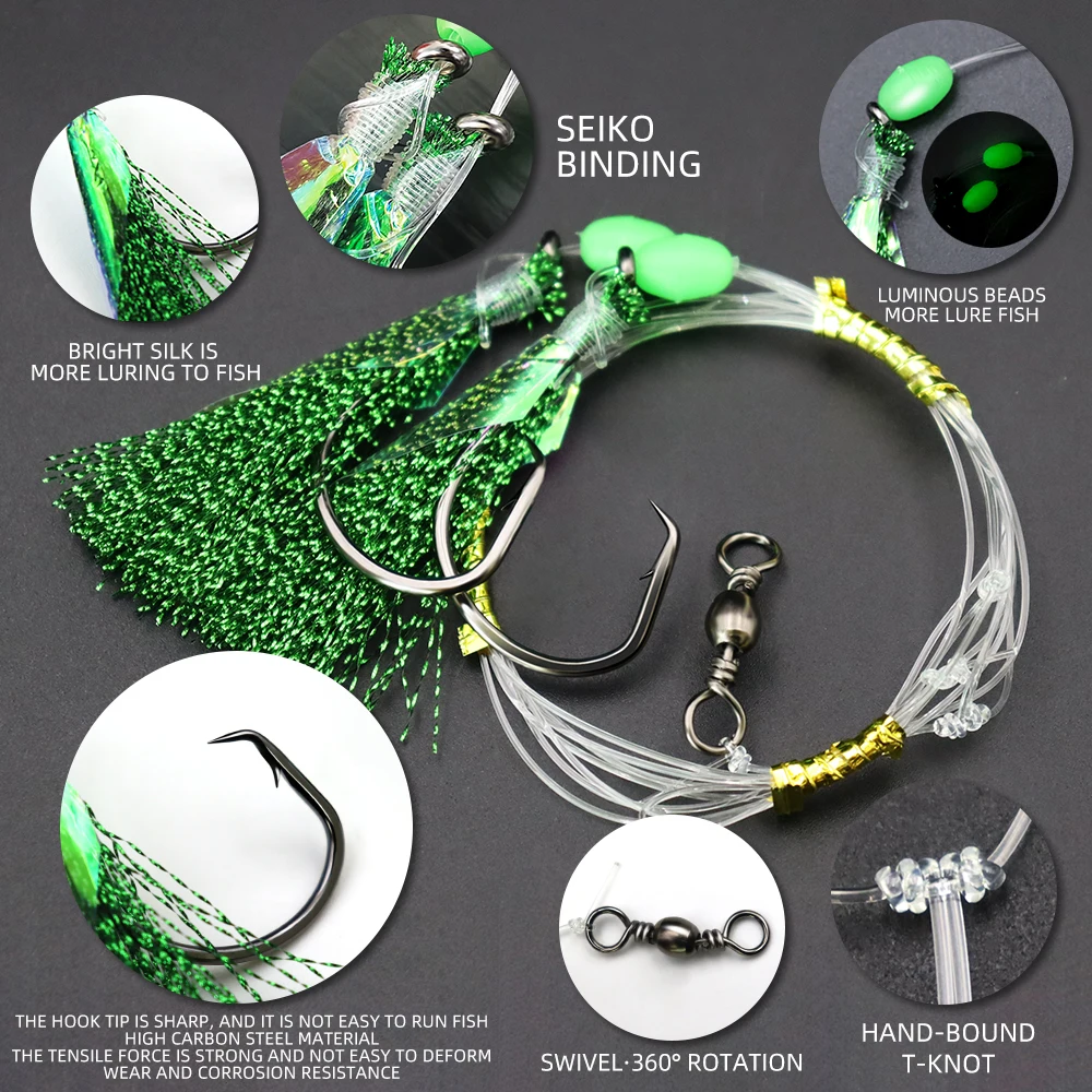 ZYZ 1 pieza de aparejos de pesca Sabiki con anzuelos de doble círculo, anzuelos de cuerda de pesca de agua salada de acero rico en carbono, aparejos de cebo de pesca de mar - imagen 2